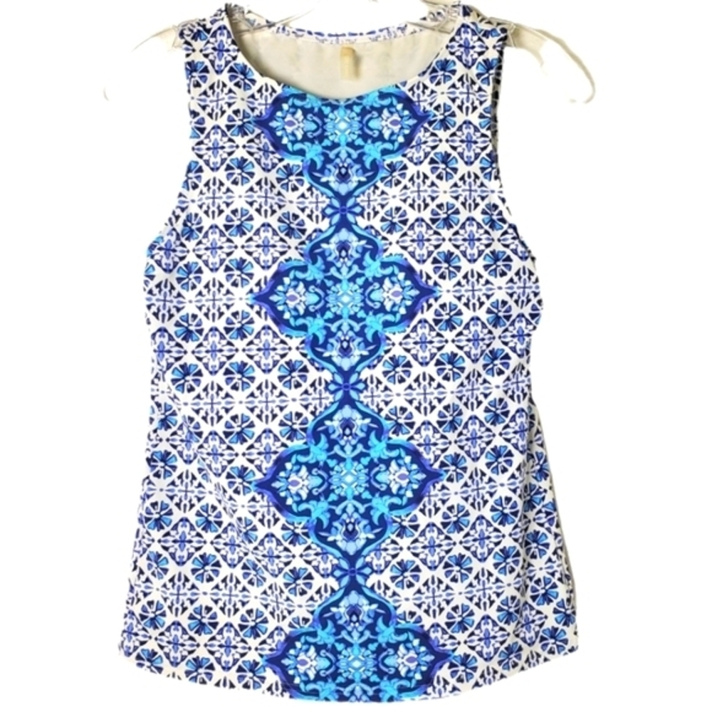 Lands' End Women's Blue & White High Neck Swim Tankini‎ Swimsuit Top